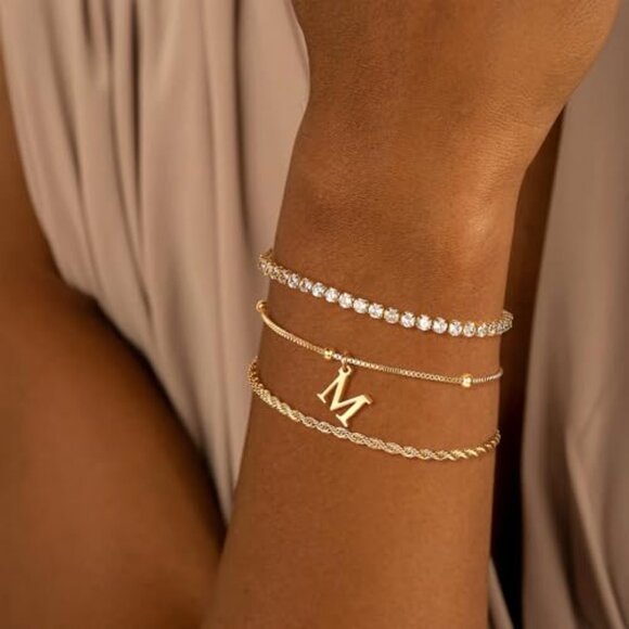 Dainty Gold Bracelets Set Personalized Initial Stackable Tennis Rope Chain - Picture 5 of 8